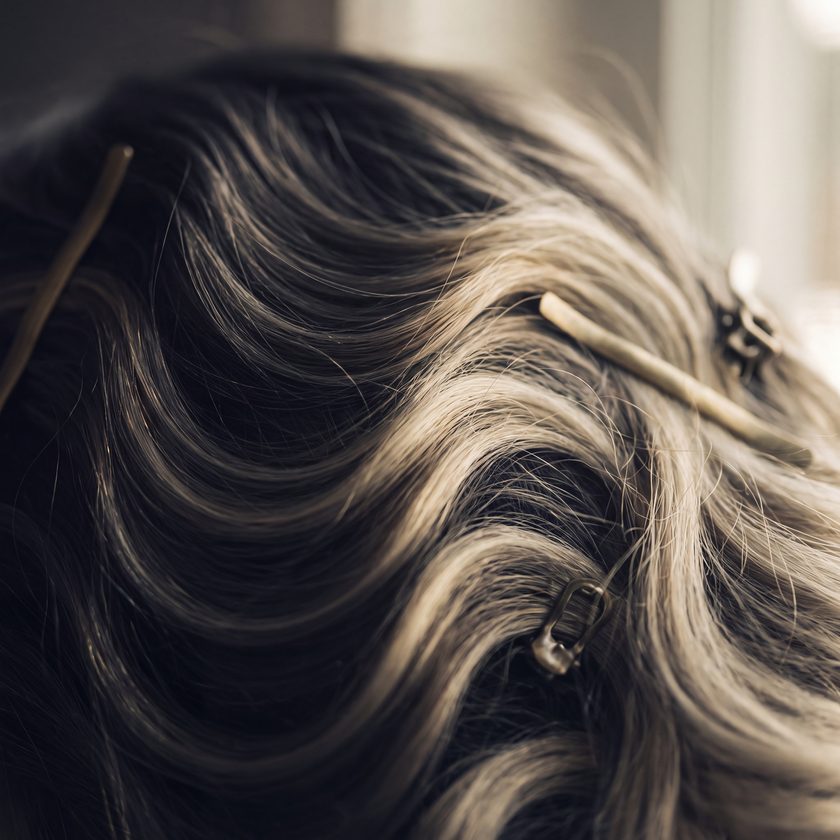 A close view of waved, highlighted hair catching the light.