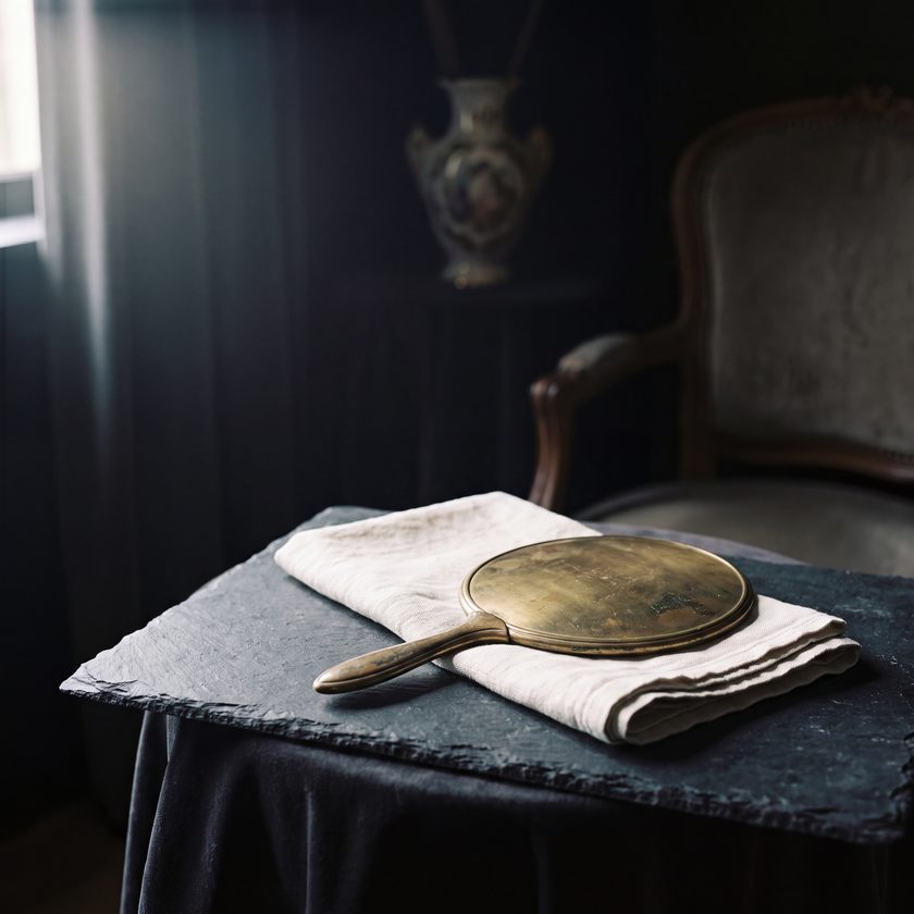 A hand mirror and folded towel on a dark counter.