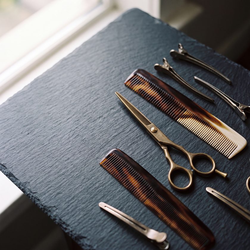 Shears, combs and sectioning clips laid out on a slate surface.