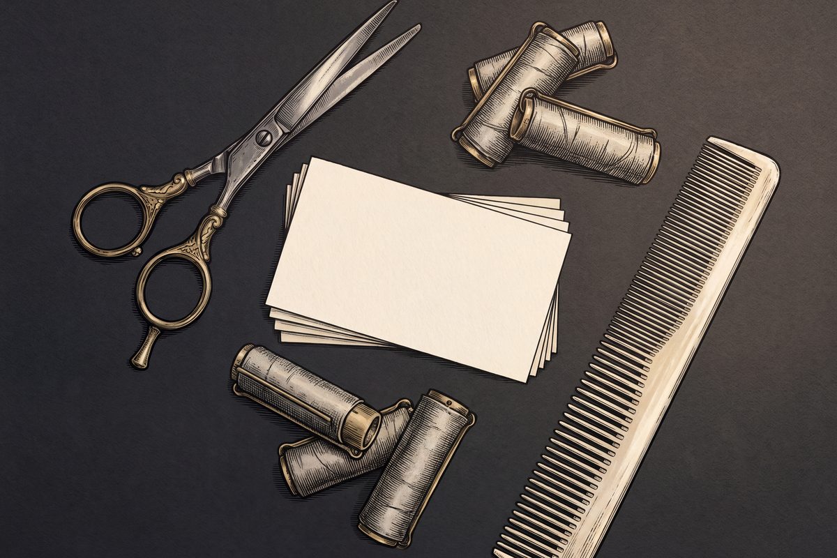 Engraved illustration of shears, a comb, hair rollers and blank appointment cards.