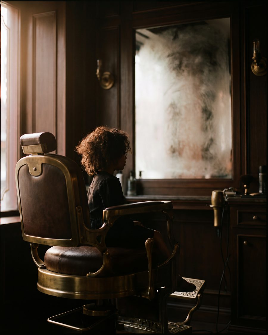 A child seated in a salon chair, facing away toward the mirror.