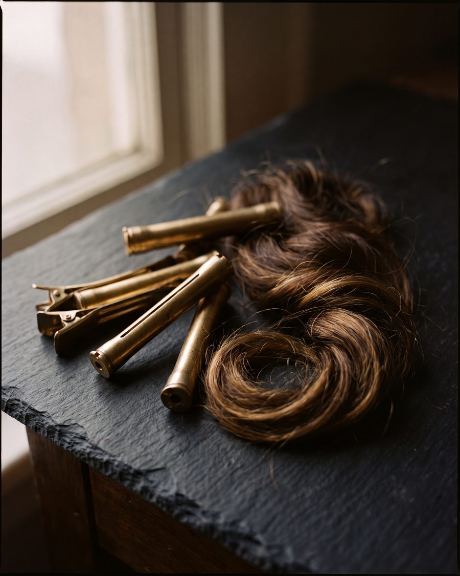 Perm rods and sectioning clips resting beside a curl of hair.