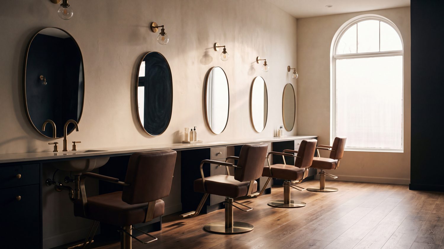 A row of salon styling stations and mirrors in soft daylight.